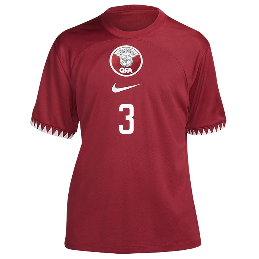 Børn Qatars Abdelkarim Hassan #3 Rødbrun Hjemmebane Spillertrøjer 22-24 Trøje T-shirt