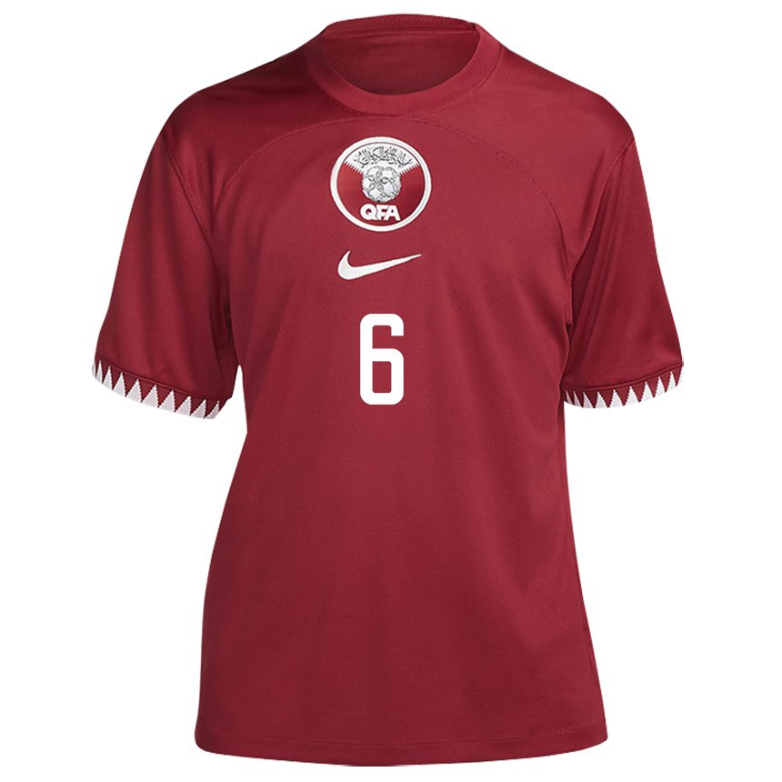 Børn Qatars Abdulaziz Hatem #6 Rødbrun Hjemmebane Spillertrøjer 22-24 Trøje T-shirt