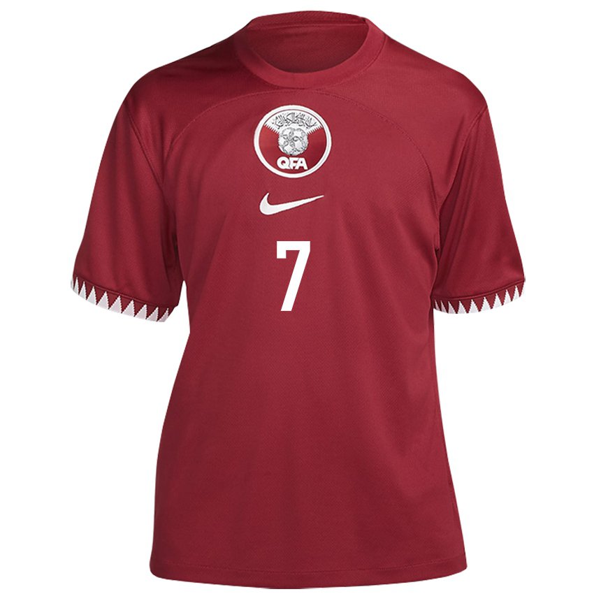 Børn Qatars Ahmed Alaaeldin #7 Rødbrun Hjemmebane Spillertrøjer 22-24 Trøje T-shirt