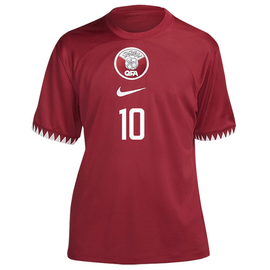 Børn Qatars Hasan Al Haydos #10 Rødbrun Hjemmebane Spillertrøjer 22-24 Trøje T-shirt