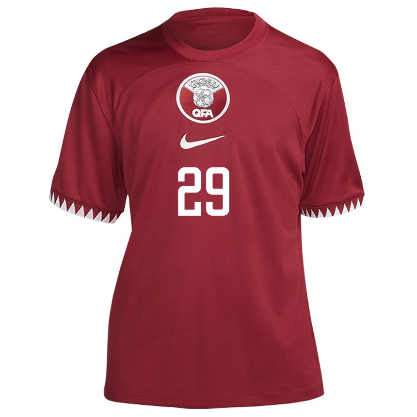 Børn Qatars Mohamed Emad Aiash #29 Rødbrun Hjemmebane Spillertrøjer 22-24 Trøje T-shirt