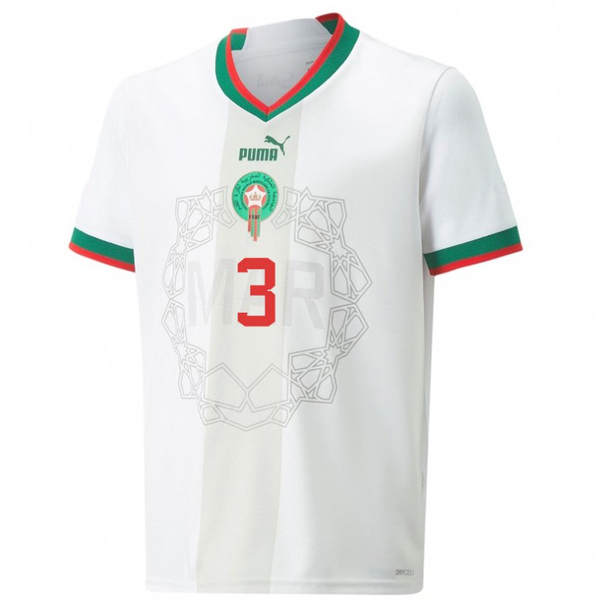 Børn Marokkos Noussair El Mazraoui #3 Hvid Udebane Spillertrøjer 22-24 Trøje T-shirt