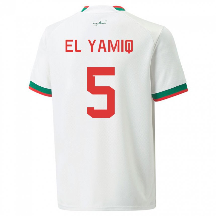 Børn Marokkos Jawad El Yamiq #5 Hvid Udebane Spillertrøjer 22-24 Trøje T-shirt