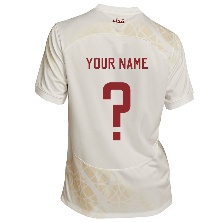 Børn Qatars Dit Navn #0 Guld Beige Udebane Spillertrøjer 22-24 Trøje T-shirt