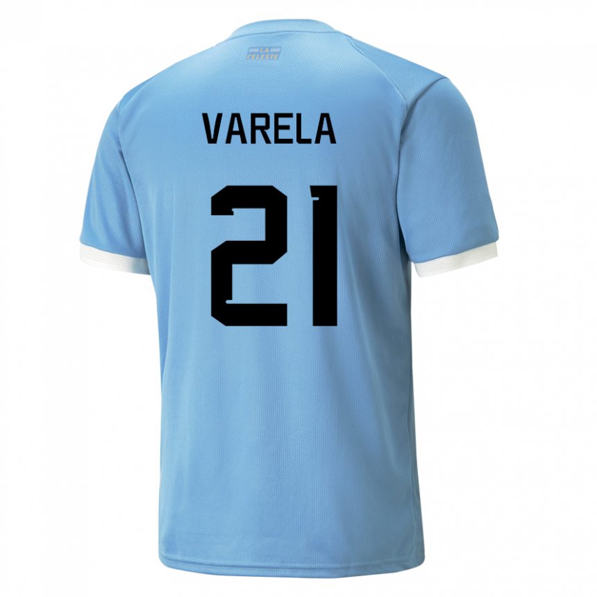 Mænd Uruguays Gullermo Varela #21 Blå Hjemmebane Spillertrøjer 22-24 Trøje T-shirt