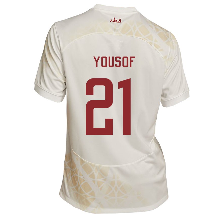 Kvinder Qatars Yousof Hassan #21 Guld Beige Udebane Spillertrøjer 22-24 Trøje T-shirt