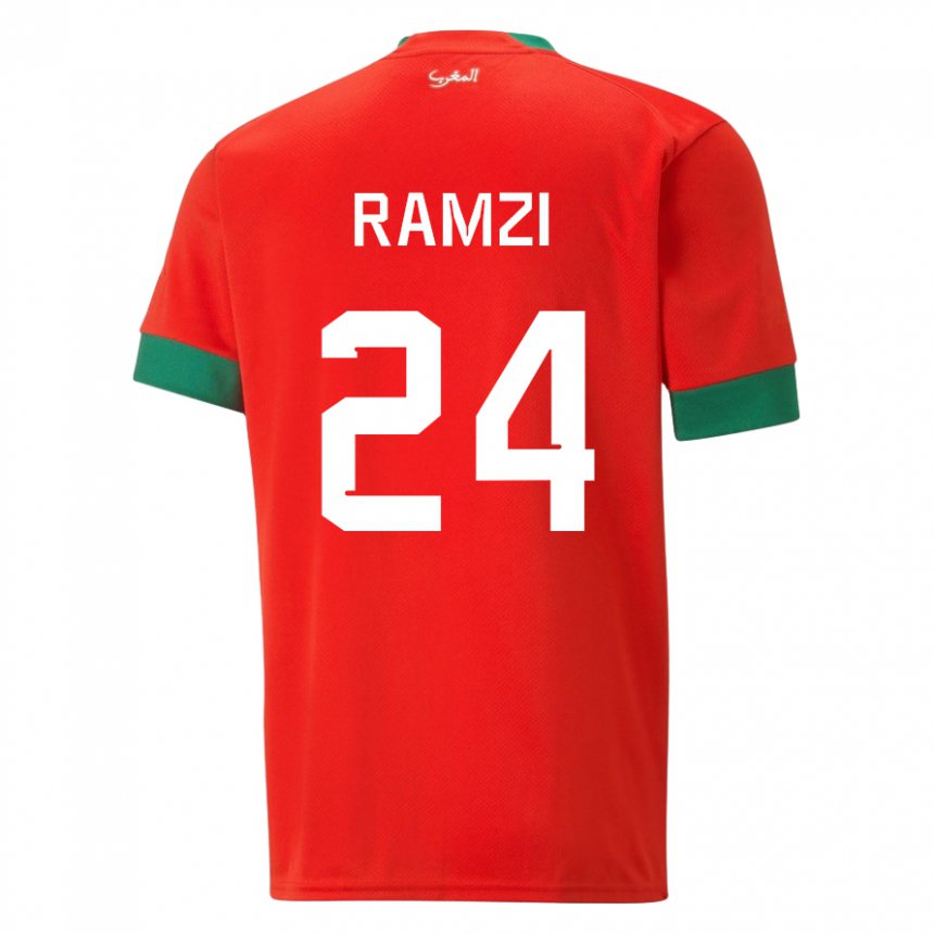 Børn Marokkos Achraf Ramzi #24 Rød Hjemmebane Spillertrøjer 22-24 Trøje T-shirt