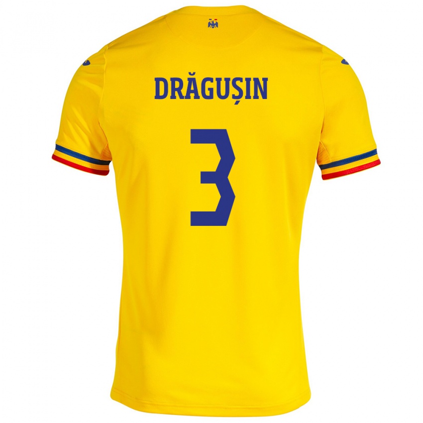 Børn Rumænien Radu Drăgușin #3 Gul Hjemmebane Spillertrøjer 24-26 Trøje T-Shirt