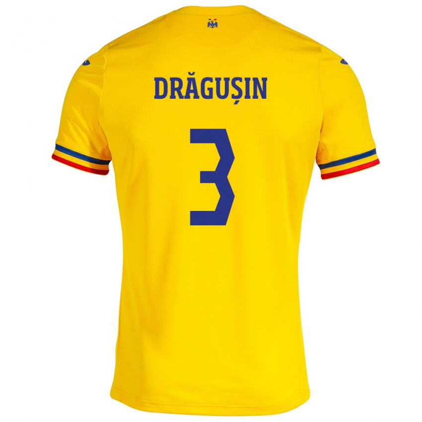 Mænd Rumænien Radu Drăgușin #3 Gul Hjemmebane Spillertrøjer 24-26 Trøje T-Shirt