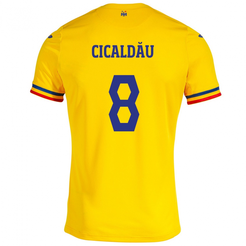 Mænd Rumænien Alexandru Cicâldău #8 Gul Hjemmebane Spillertrøjer 24-26 Trøje T-Shirt