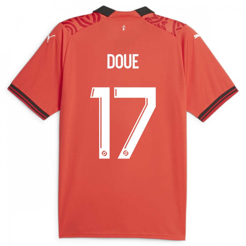 Børn Guéla Doué #17 Rød Hjemmebane Spillertrøjer 2023/24 Trøje T-Shirt