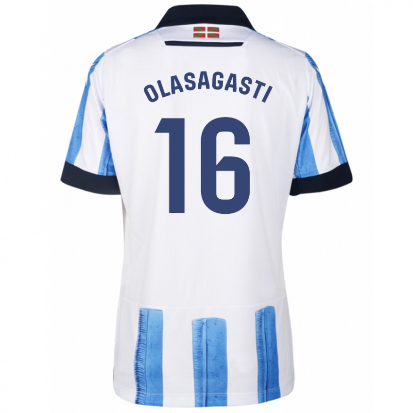 Børn Jon Ander Olasagasti #16 Blå Hvid Hjemmebane Spillertrøjer 2023/24 Trøje T-Shirt