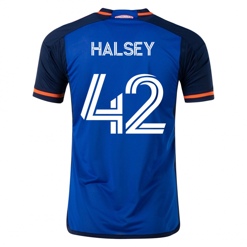 Mænd Bret Halsey #42 Blå Hjemmebane Spillertrøjer 2023/24 Trøje T-Shirt