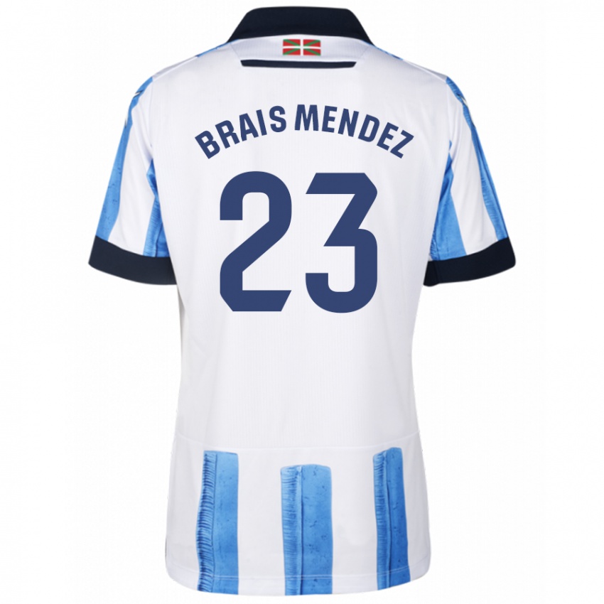 Mænd Brais Mendez #23 Blå Hvid Hjemmebane Spillertrøjer 2023/24 Trøje T-Shirt