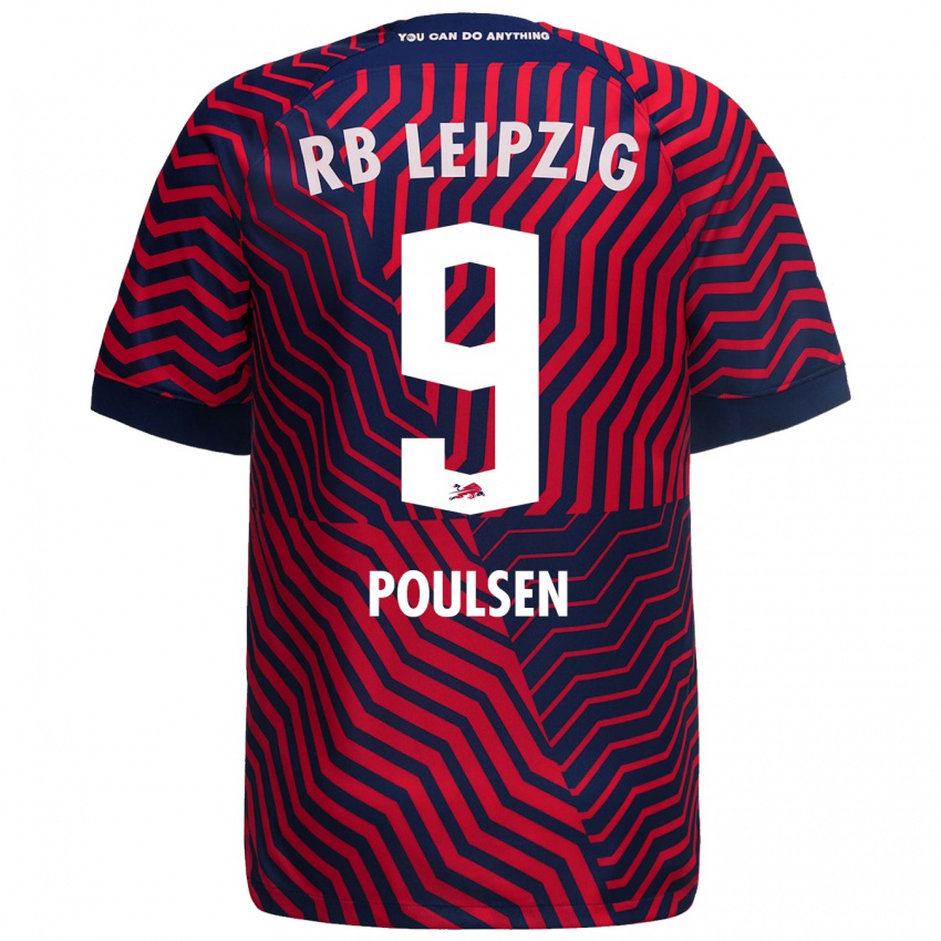 Mænd Yussuf Poulsen #9 Blå Rød Udebane Spillertrøjer 2023/24 Trøje T-Shirt