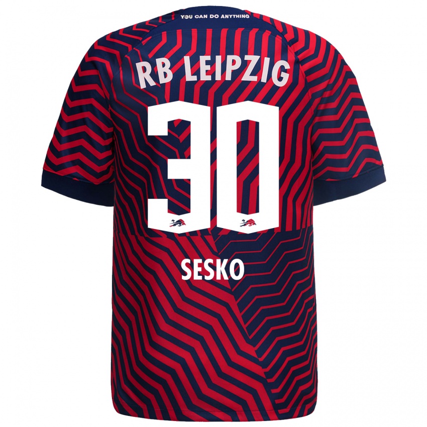 Kvinder Benjamin Sesko #30 Blå Rød Udebane Spillertrøjer 2023/24 Trøje T-Shirt