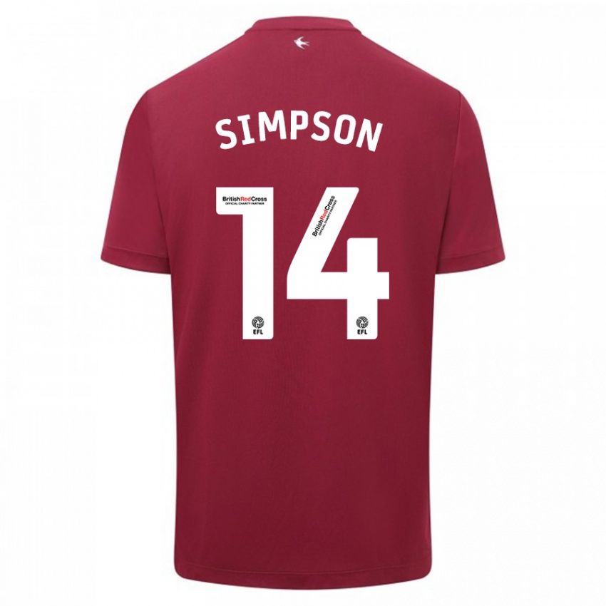 Børn Jasmine Simpson #14 Rød Udebane Spillertrøjer 2023/24 Trøje T-Shirt