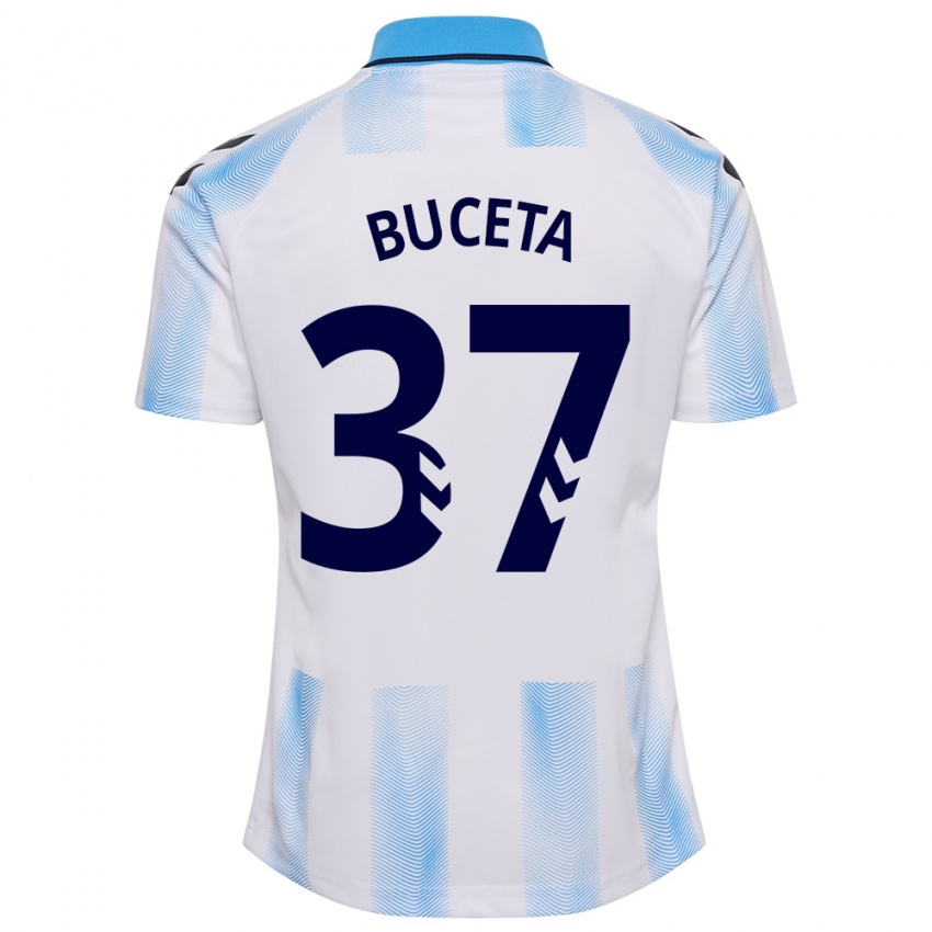 Mænd Ana Buceta #37 Hvid Blå Hjemmebane Spillertrøjer 2023/24 Trøje T-Shirt