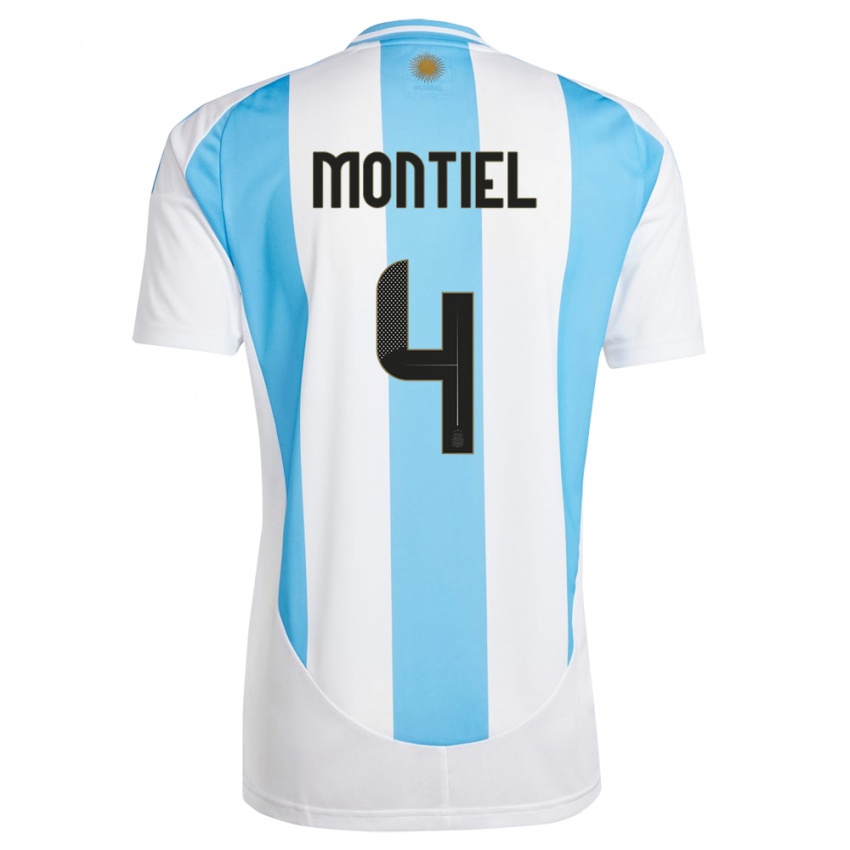 Børn Argentina Gonzalo Montiel #4 Hvid Blå Hjemmebane Spillertrøjer 24-26 Trøje T-Shirt