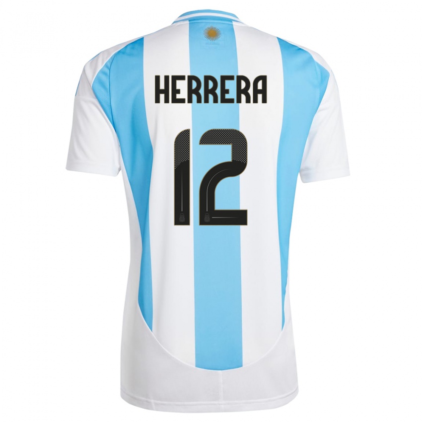 Børn Argentina Franco Herrera #12 Hvid Blå Hjemmebane Spillertrøjer 24-26 Trøje T-Shirt