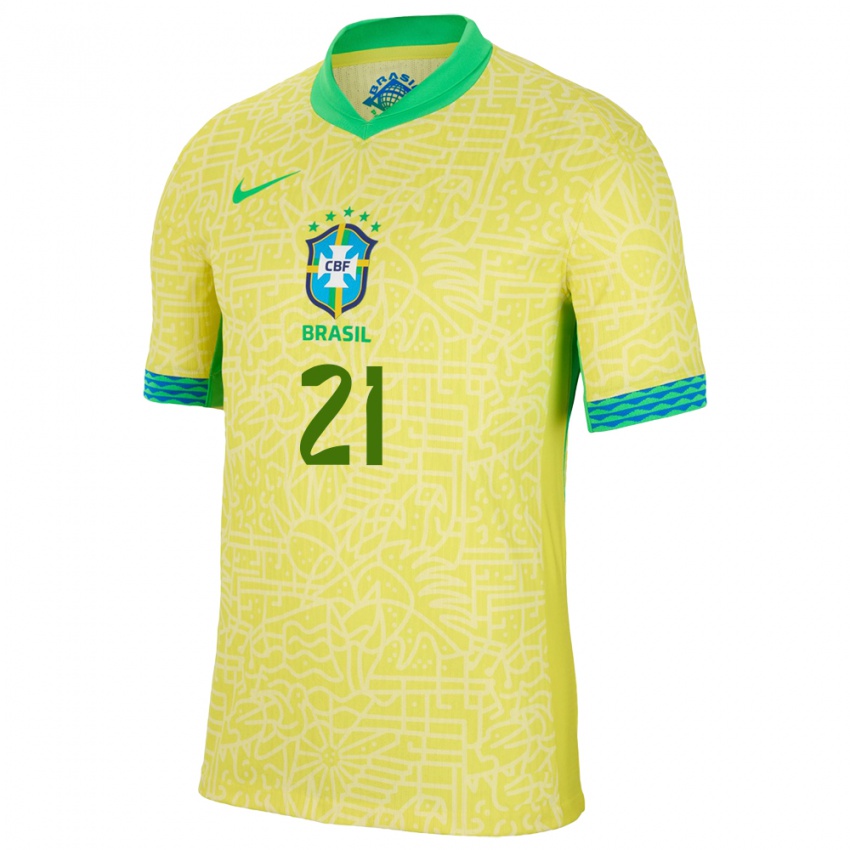 Børn Brasilien Vitor Roque #21 Gul Hjemmebane Spillertrøjer 24-26 Trøje T-Shirt