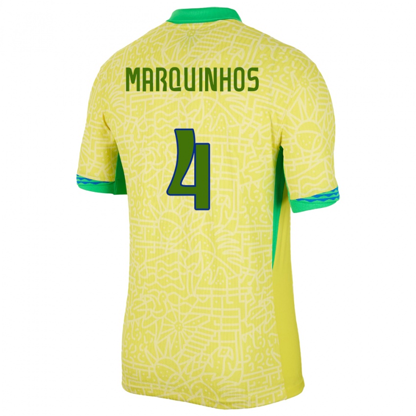 Børn Brasilien Marquinhos #4 Gul Hjemmebane Spillertrøjer 24-26 Trøje T-Shirt