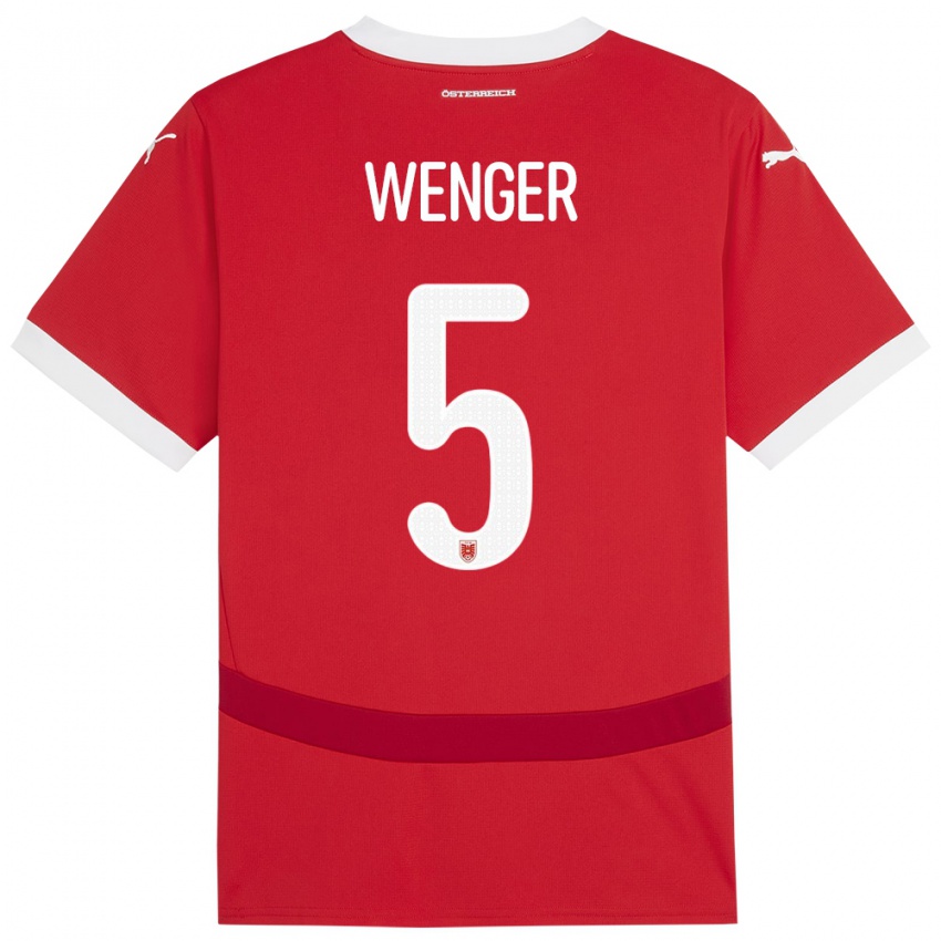 Børn Østrig Claudia Wenger #5 Rød Hjemmebane Spillertrøjer 24-26 Trøje T-Shirt