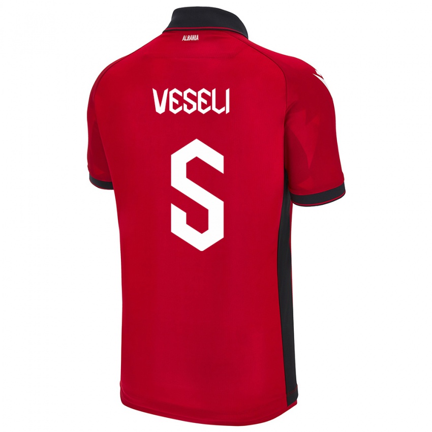 Børn Albanien Frédéric Veseli #5 Rød Hjemmebane Spillertrøjer 24-26 Trøje T-Shirt