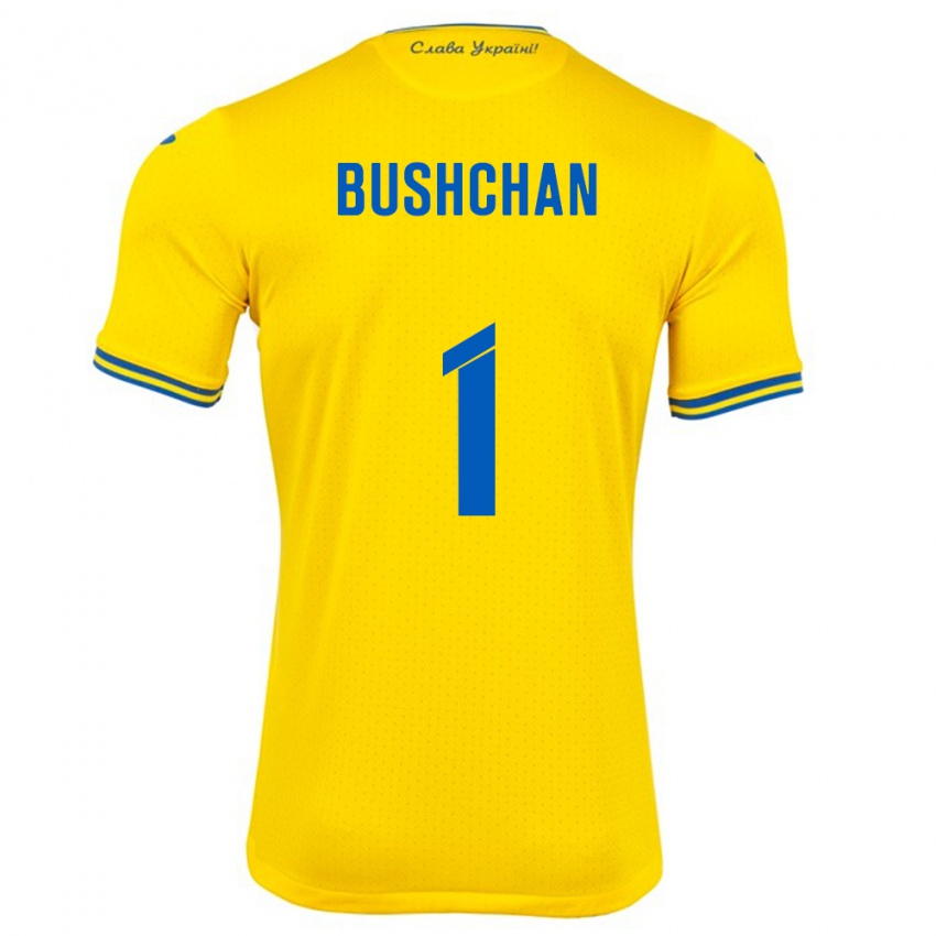 Børn Ukraine Georgiy Bushchan #1 Gul Hjemmebane Spillertrøjer 24-26 Trøje T-Shirt