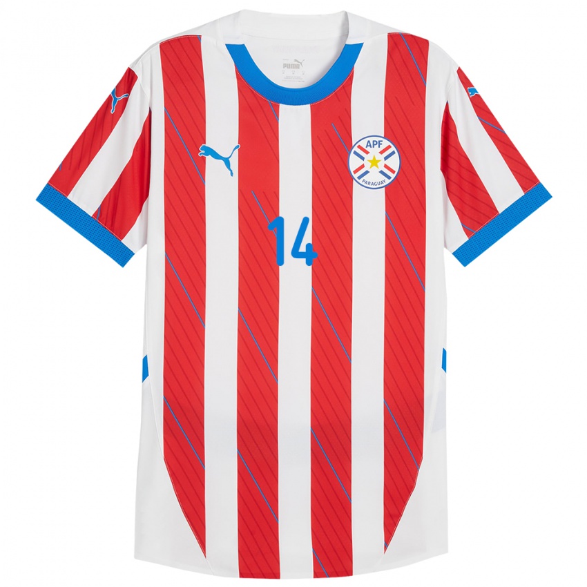 Børn Paraguay Fernando Román #14 Hvid Rød Hjemmebane Spillertrøjer 24-26 Trøje T-Shirt