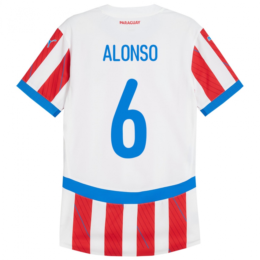 Børn Paraguay Júnior Alonso #6 Hvid Rød Hjemmebane Spillertrøjer 24-26 Trøje T-Shirt