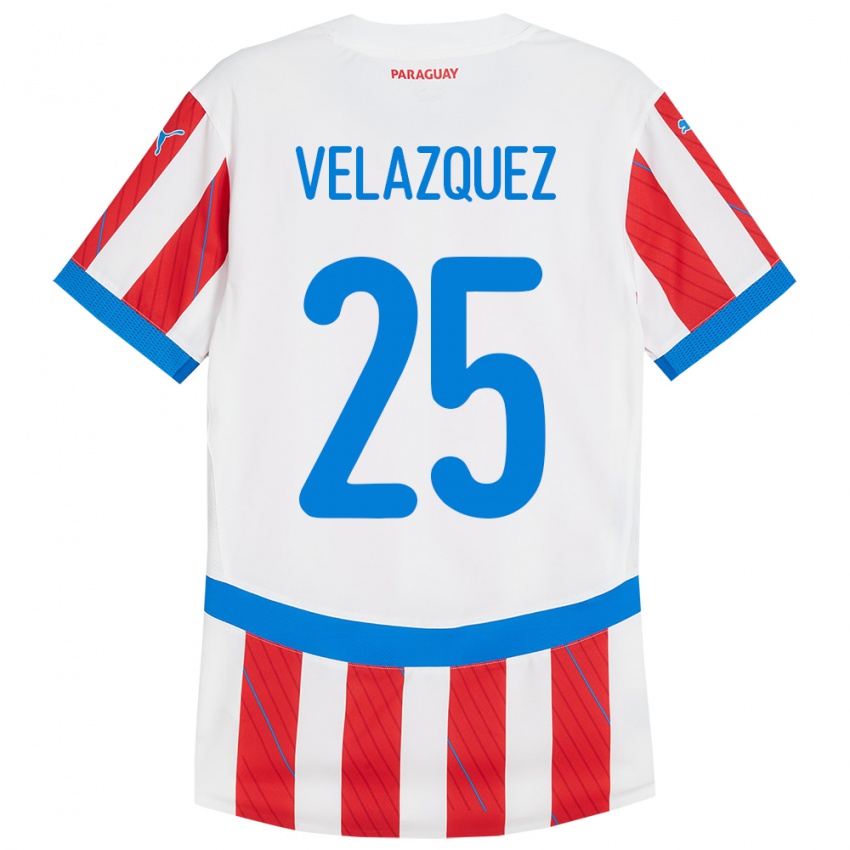 Børn Paraguay Gustavo Velázquez #25 Hvid Rød Hjemmebane Spillertrøjer 24-26 Trøje T-Shirt