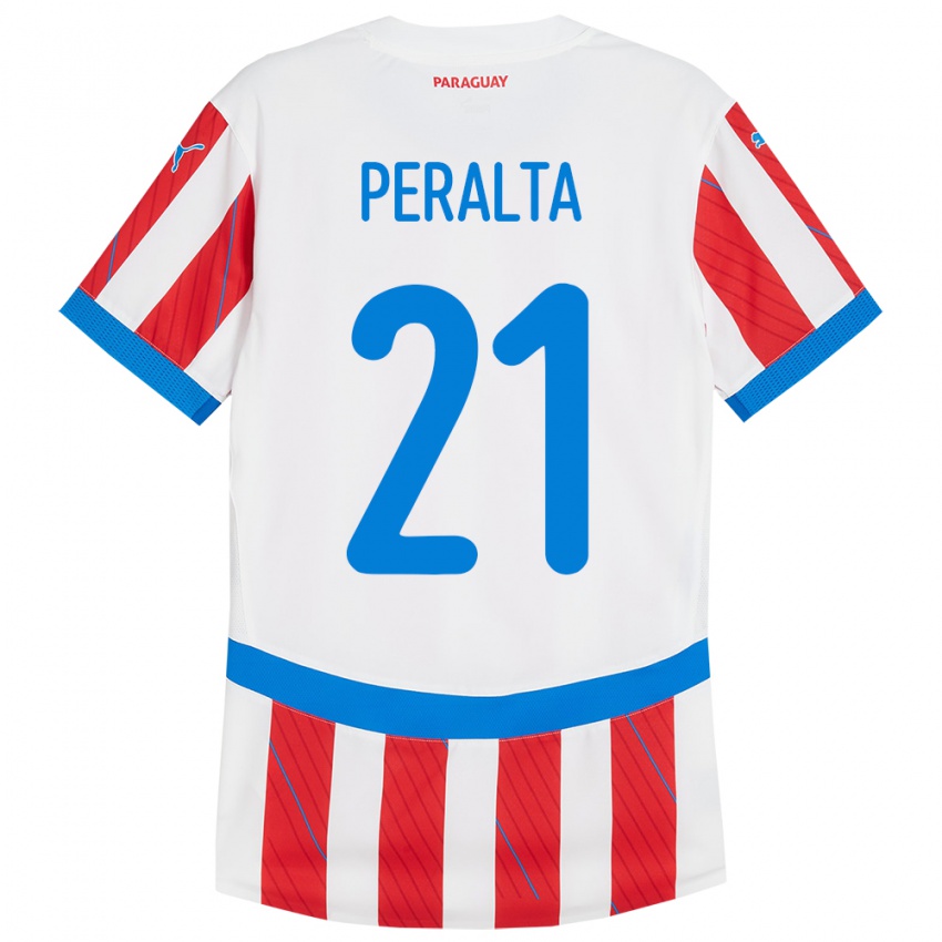 Børn Paraguay Fabrizio Peralta #21 Hvid Rød Hjemmebane Spillertrøjer 24-26 Trøje T-Shirt