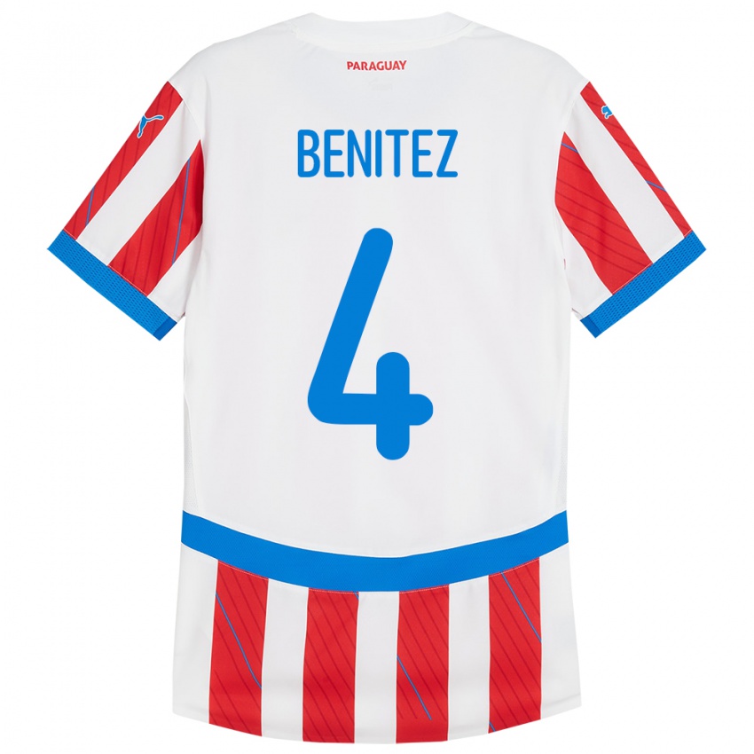 Børn Paraguay Gastón Benítez #4 Hvid Rød Hjemmebane Spillertrøjer 24-26 Trøje T-Shirt