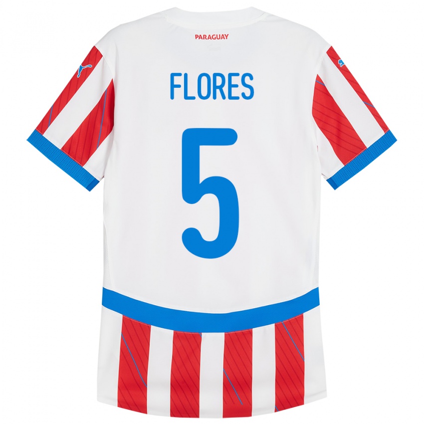 Børn Paraguay Gilberto Flores #5 Hvid Rød Hjemmebane Spillertrøjer 24-26 Trøje T-Shirt