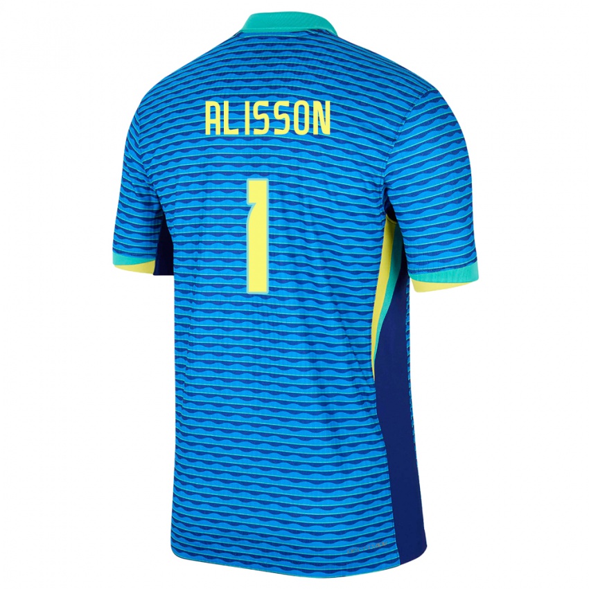 Børn Brasilien Alisson #1 Blå Udebane Spillertrøjer 24-26 Trøje T-Shirt