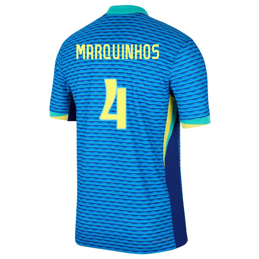 Børn Brasilien Marquinhos #4 Blå Udebane Spillertrøjer 24-26 Trøje T-Shirt