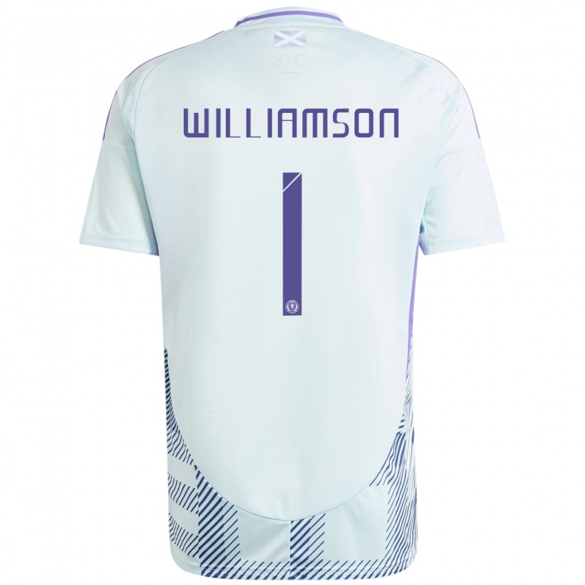 Børn Skotland Woody Williamson #1 Lys Mynteblå Udebane Spillertrøjer 24-26 Trøje T-Shirt