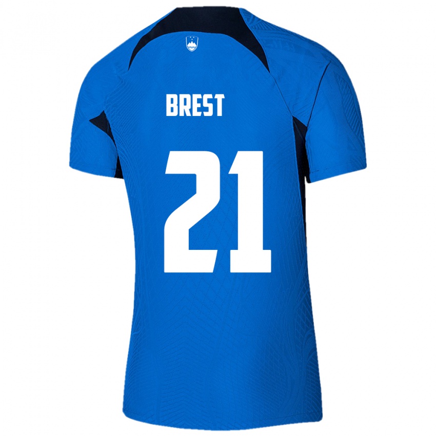 Børn Slovenien Marko Brest #21 Blå Udebane Spillertrøjer 24-26 Trøje T-Shirt