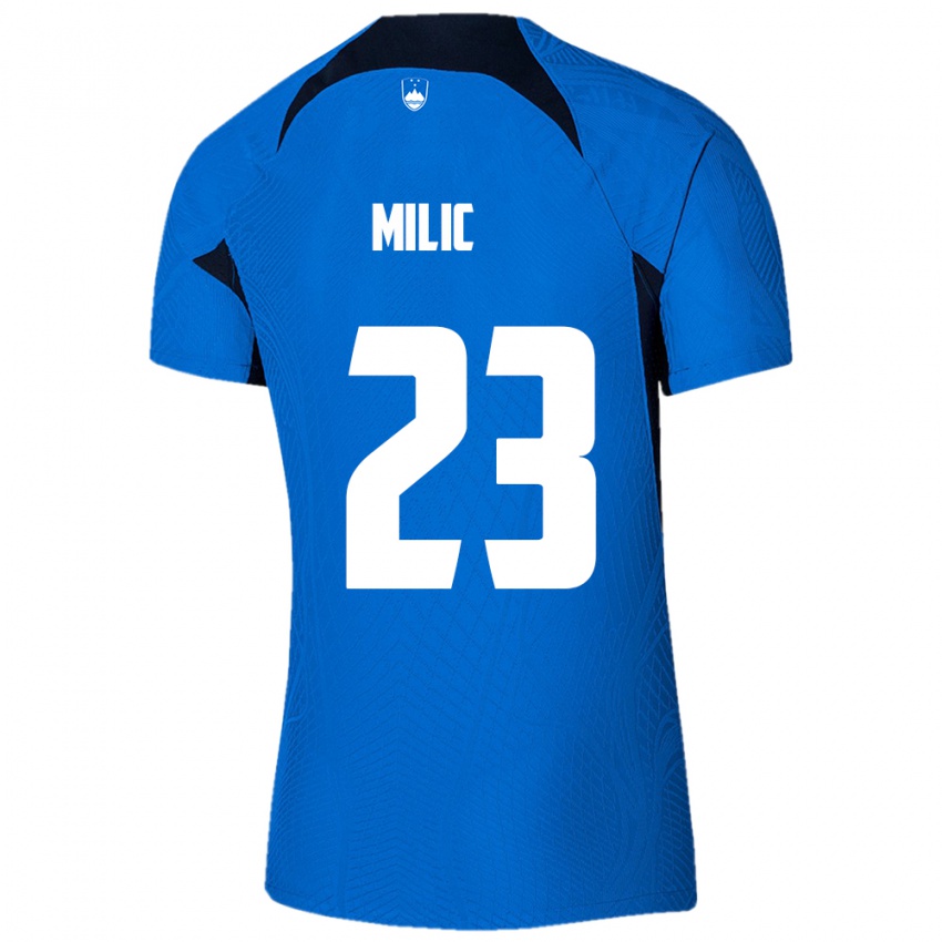 Børn Slovenien Nino Milic #23 Blå Udebane Spillertrøjer 24-26 Trøje T-Shirt