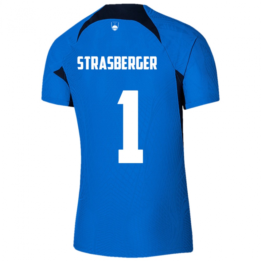 Børn Slovenien Tim Strasberger #1 Blå Udebane Spillertrøjer 24-26 Trøje T-Shirt