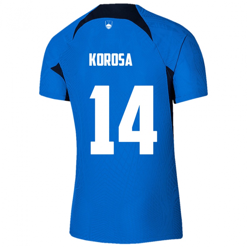 Børn Slovenien Anej Koroša #14 Blå Udebane Spillertrøjer 24-26 Trøje T-Shirt