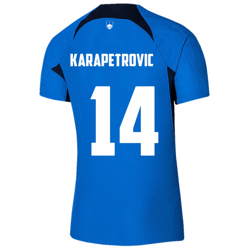 Børn Slovenien Luka Karapetrovic #14 Blå Udebane Spillertrøjer 24-26 Trøje T-Shirt