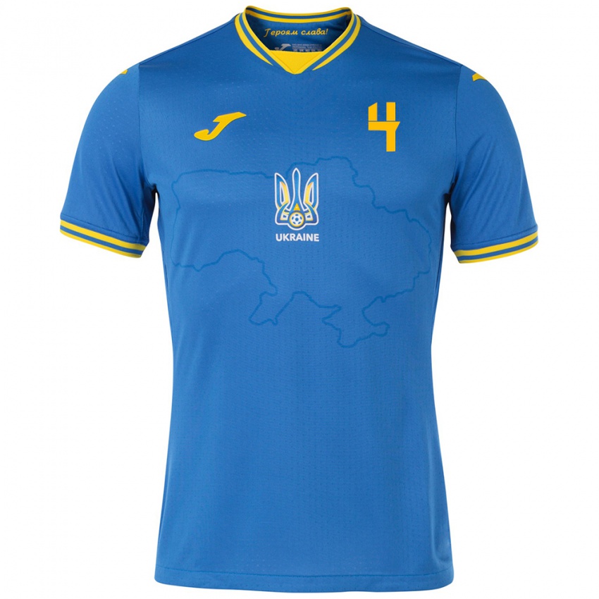 Børn Ukraine Denys Popov #4 Blå Udebane Spillertrøjer 24-26 Trøje T-Shirt