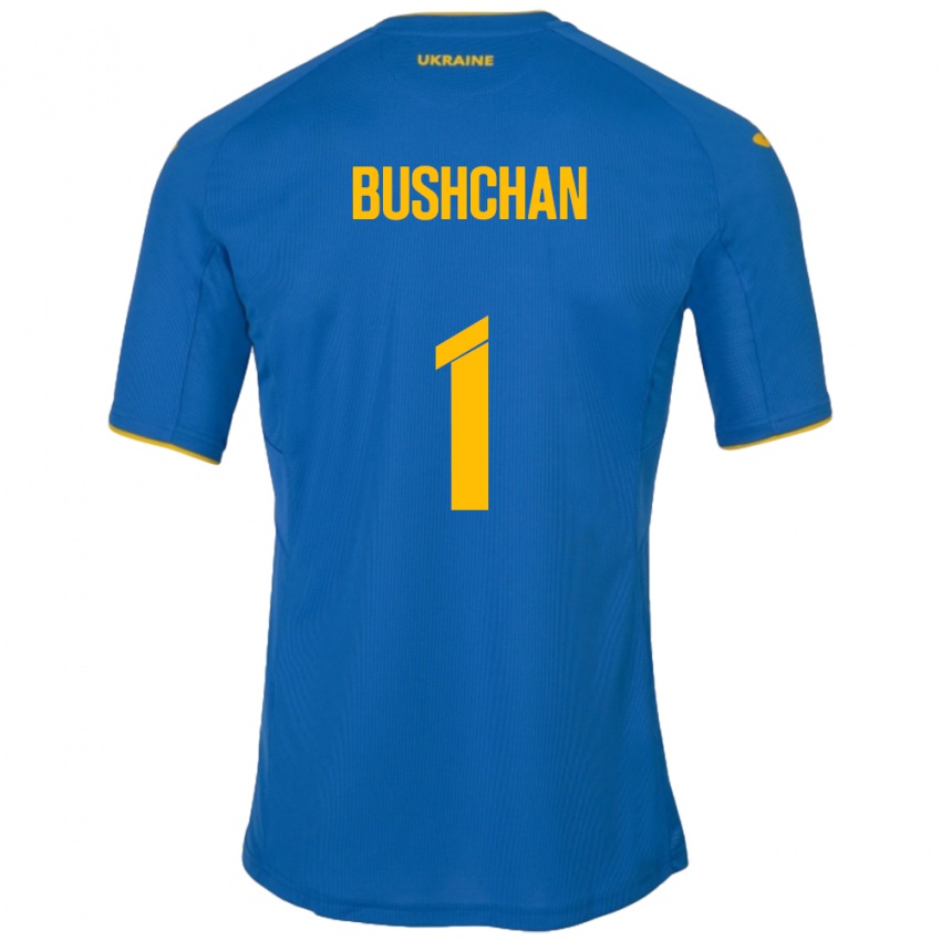 Børn Ukraine Georgiy Bushchan #1 Blå Udebane Spillertrøjer 24-26 Trøje T-Shirt