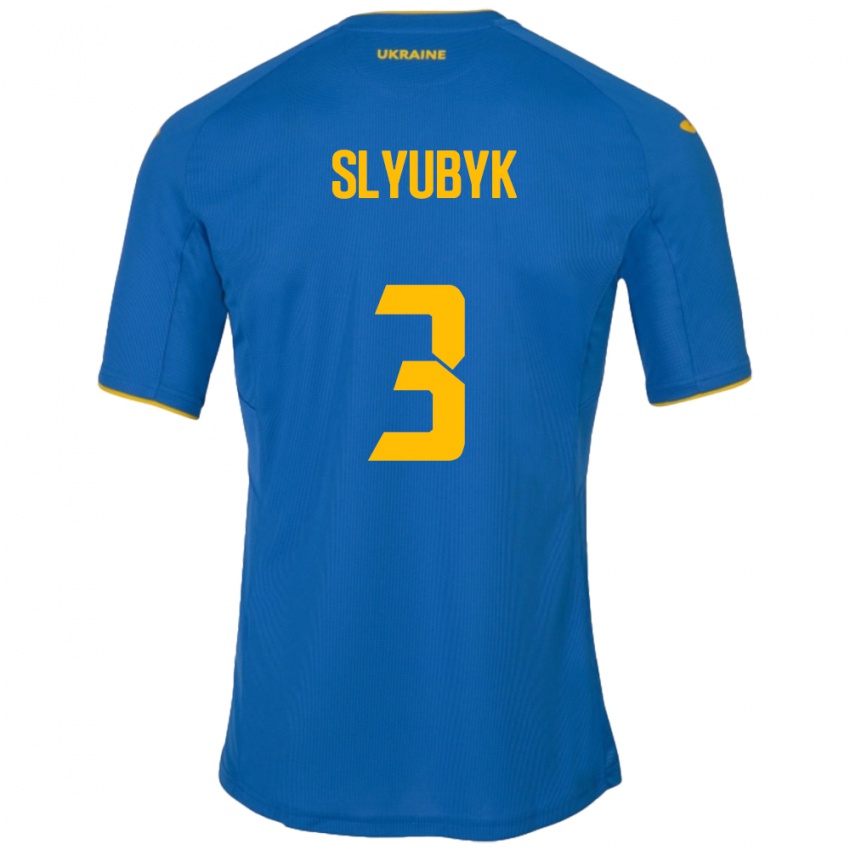 Børn Ukraine Bogdan Slyubyk #3 Blå Udebane Spillertrøjer 24-26 Trøje T-Shirt