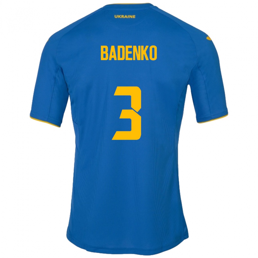 Børn Ukraine Ilya Badenko #3 Blå Udebane Spillertrøjer 24-26 Trøje T-Shirt