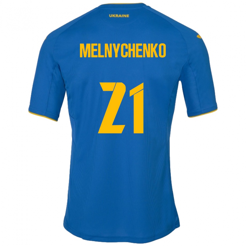 Børn Ukraine Maksym Melnychenko #21 Blå Udebane Spillertrøjer 24-26 Trøje T-Shirt