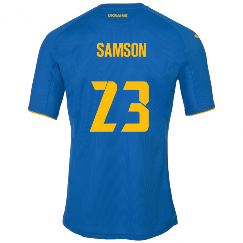 Børn Ukraine Kateryna Samson #23 Blå Udebane Spillertrøjer 24-26 Trøje T-Shirt