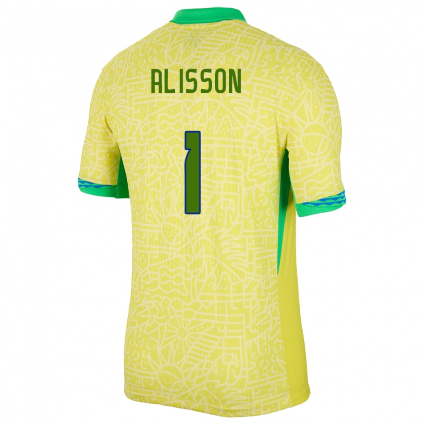 Mænd Brasilien Alisson #1 Gul Hjemmebane Spillertrøjer 24-26 Trøje T-Shirt